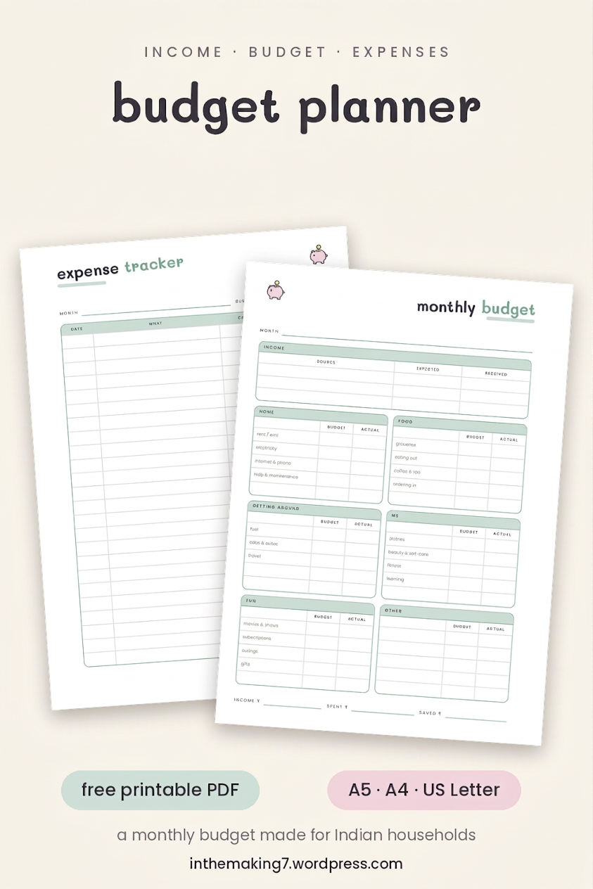 Expense tracker, savings tracker, meal planner, workout plan and other planner pages.