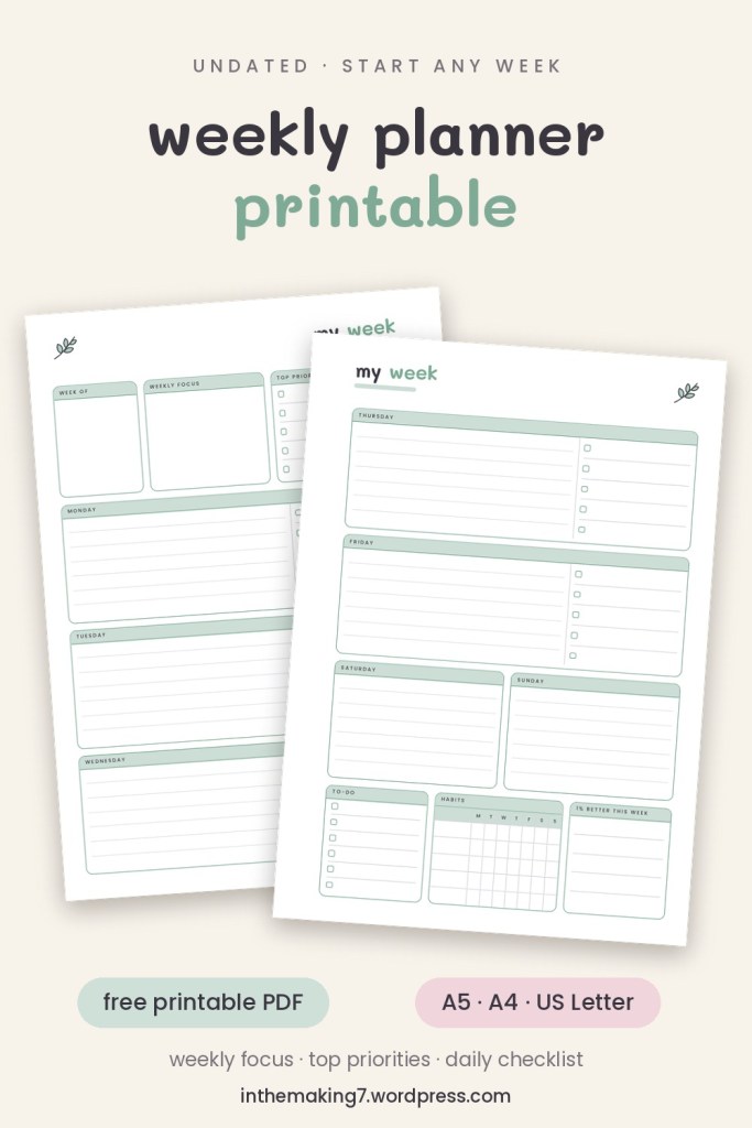Monthly planner pages including month at a glance, habit tracker and budget.
